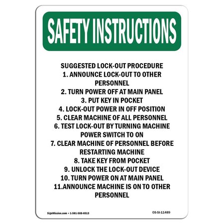 SIGNMISSION OSHA Sign, Suggested Lock-Out Procedure, 18in X 12in Rigid Plastic, 12" W, 18" L, Portrait OS-SI-P-1218-V-11489
